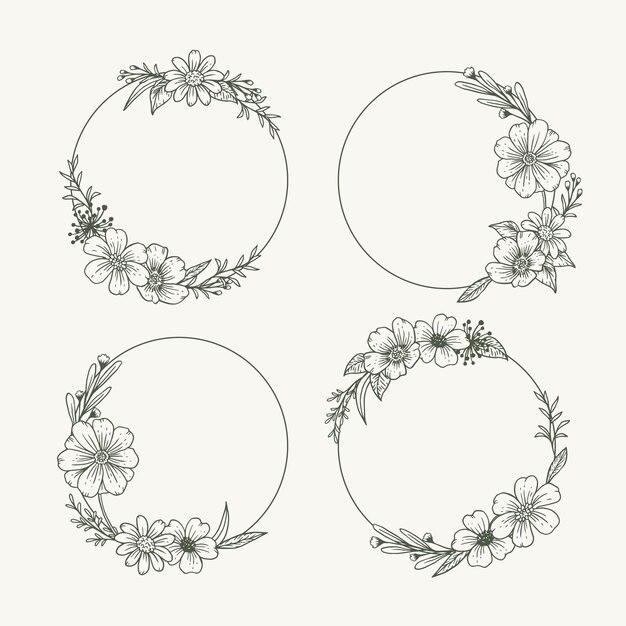 Engraving hand drawn floral wreath collection