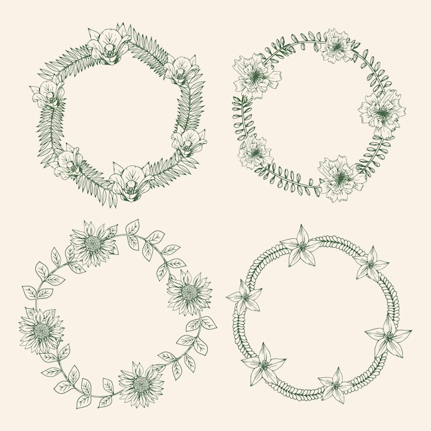 Engraving hand drawn floral wreaths collection