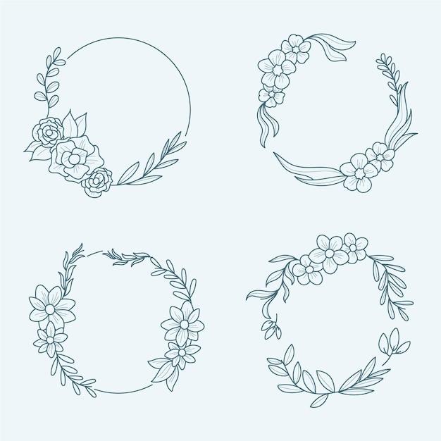 Engraving hand drawn floral wreaths collection