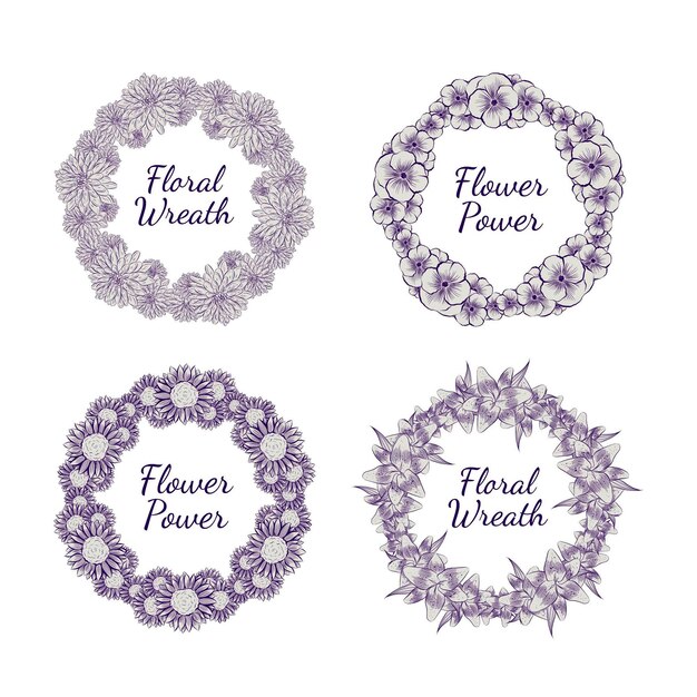 Engraving hand drawn floral wreaths collection