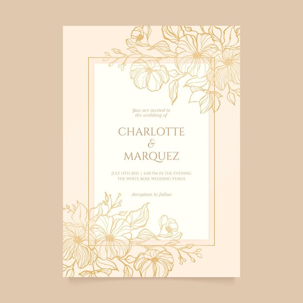 Engraving hand drawn golden wedding invitation template