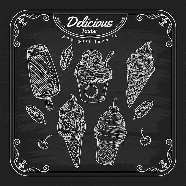 Free Vector engraving hand drawn ice cream blackboard background