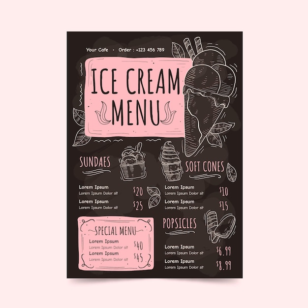 Engraving hand drawn ice cream blackboard menu template