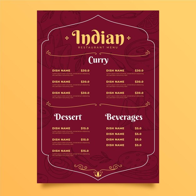 Engraving hand drawn indian menu