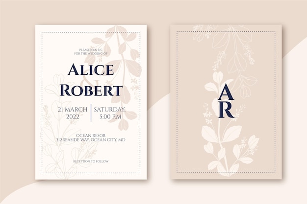 Free vector engraving hand drawn minimal wedding invitation template