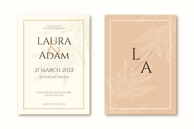 Engraving hand drawn minimal wedding invitation template