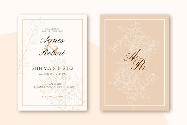 Engraving hand drawn minimal wedding invitation template