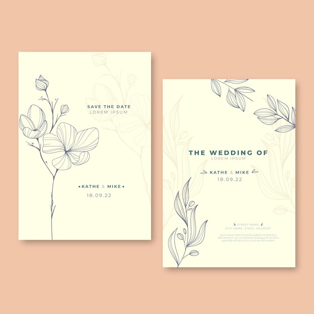 Engraving hand drawn minimal wedding invitation template