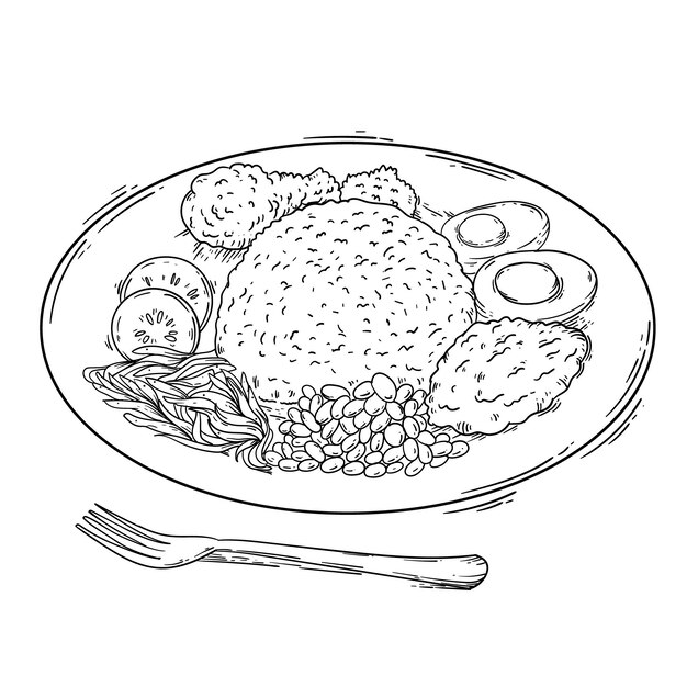 Engraving hand drawn nasi lemak