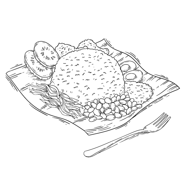 Engraving hand drawn nasi lemak