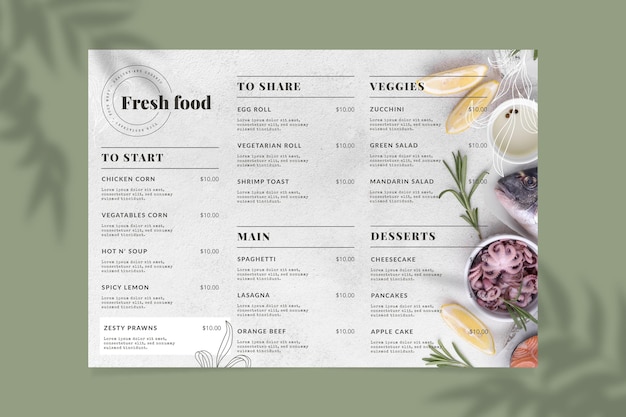 Free vector engraving hand drawn rustic restaurant menu template with photo