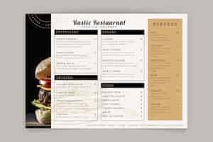 Free vector engraving hand drawn rustic restaurant menu template with photo