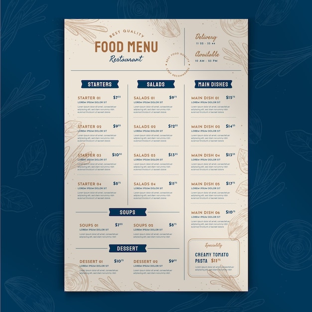 Free vector engraving hand drawn rustic restaurant menu