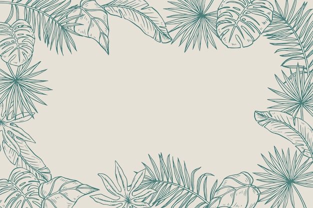 Engraving hand drawn tropical leaves background