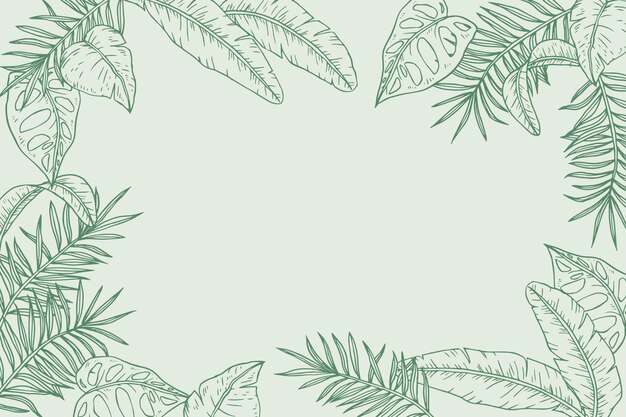 Engraving hand drawn tropical leaves background