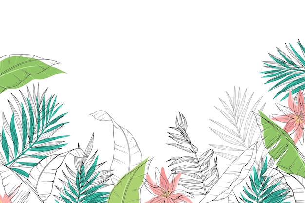 Engraving hand drawn tropical leaves background