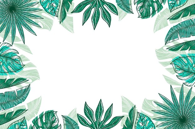 Engraving hand drawn tropical leaves background