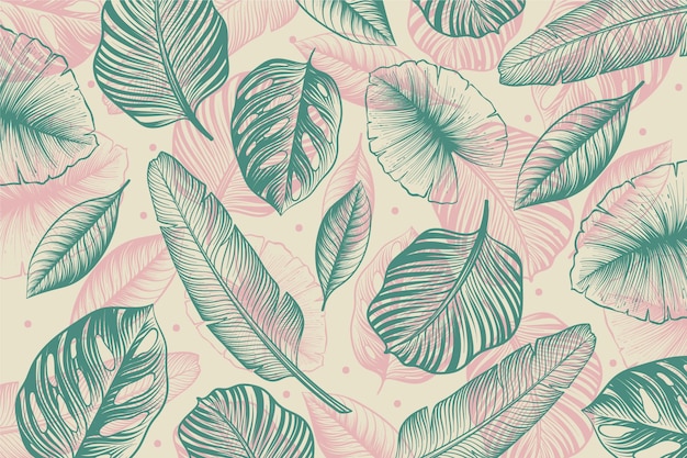 Engraving hand drawn tropical leaves background