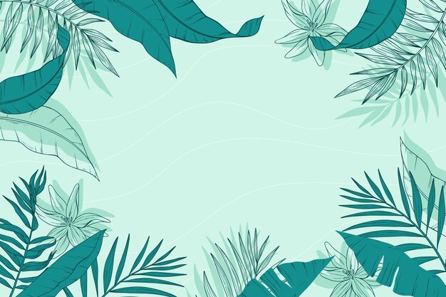 Engraving hand drawn tropical leaves background