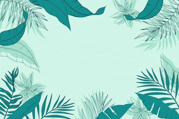 Engraving hand drawn tropical leaves background