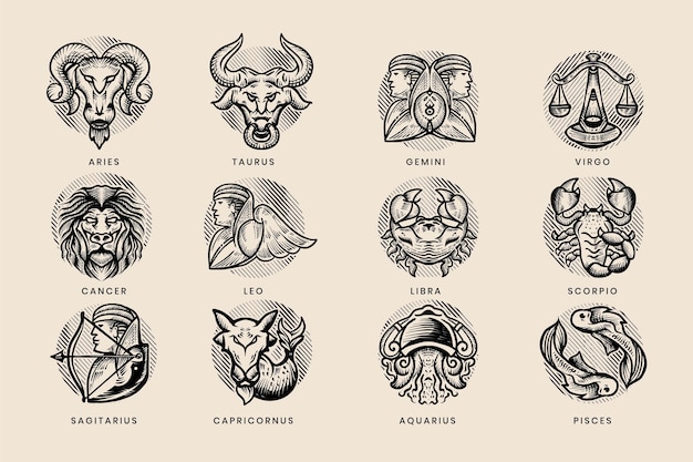 Engraving hand drawn zodiac sign collection