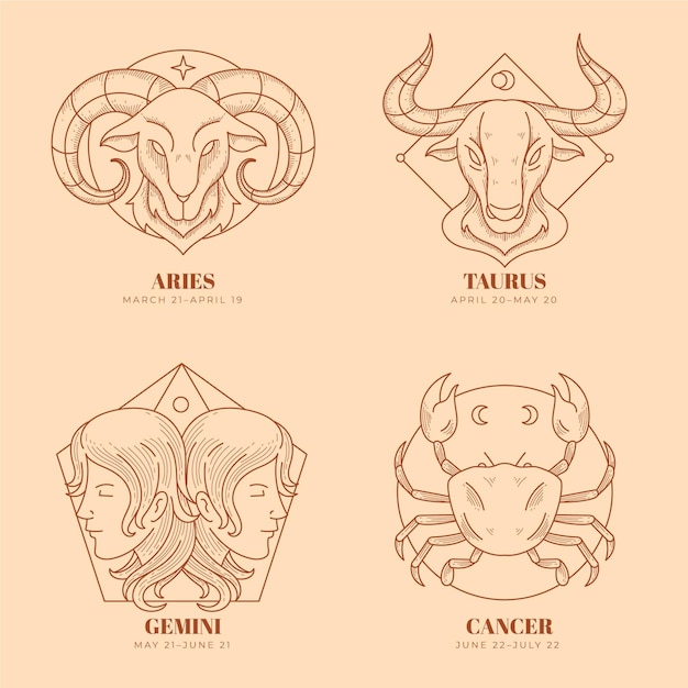 Engraving hand drawn zodiac signs set