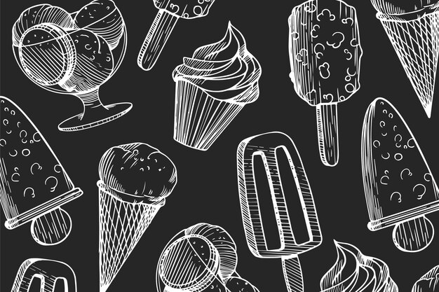 Engraving ice cream blackboard background