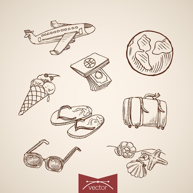 Free Vector engraving vintage hand drawn  world travel tourism collection.