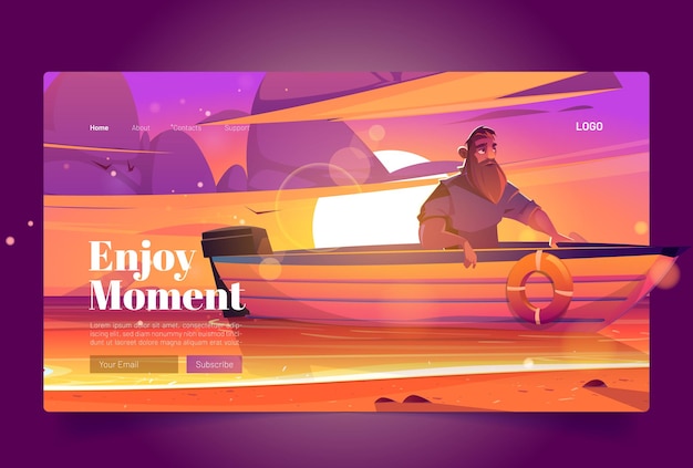 Free Vector enjoy moment banner with man in boat on sunset