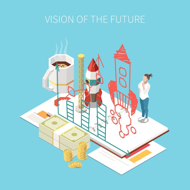 Entrepreneur and business isometric composition with future vision