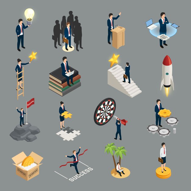 Entrepreneur isometric icons creative idea sociality purposefulness self education and success isolated on grey