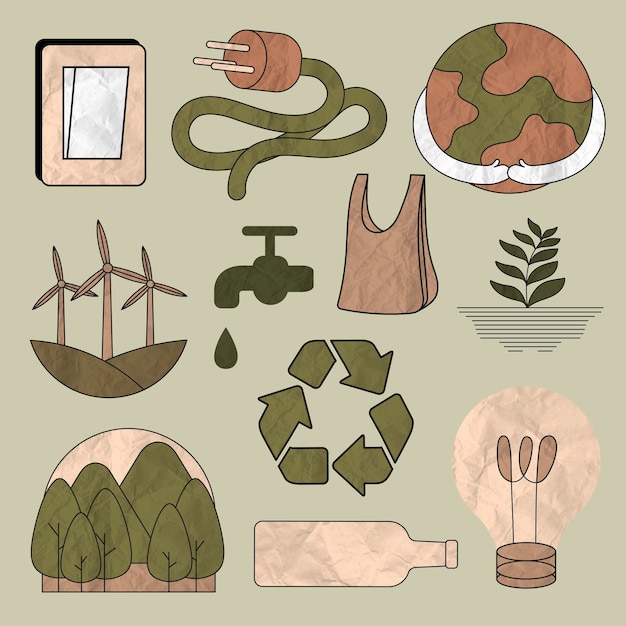 Free Vector environment illustration vector set in crumpled paper texture