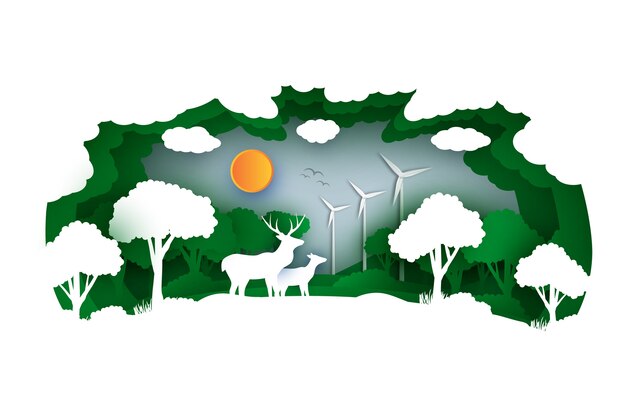 Environmental concept in paper style with forest and animals