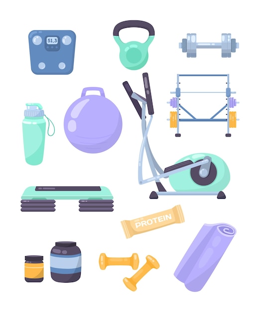 Free Vector equipment for gym workout cartoon illustration set. aerobic ball, dumbbells, kettlebell, tap dance, mat, fitness elastic band, bottle of water, training apparatus for exercising. sport concept