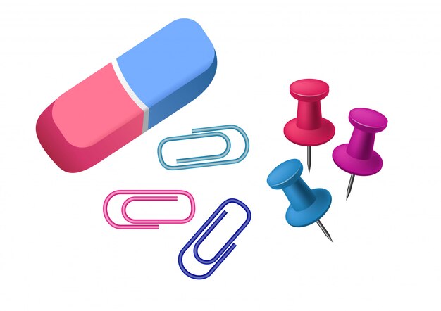 Eraser. Rubber, pin, paper clip. Stationery concept.