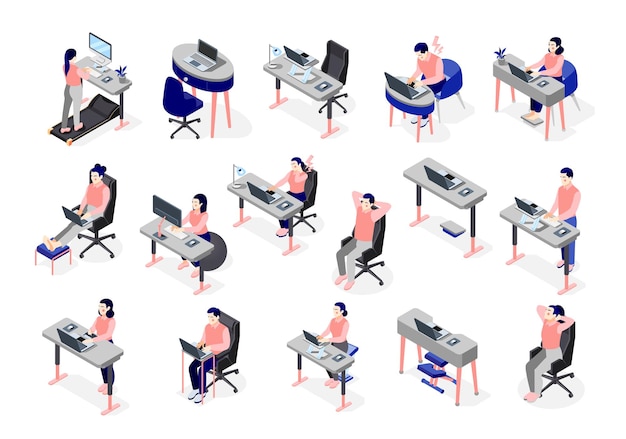 Ergonomic workplace isometric recolor set sitting and standing people working with computers and office equipment isolated vector illustration