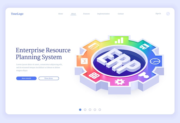 ERP, enterprise resource planning isometric landing page.