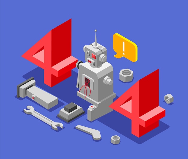 Free Vector error isometric colored background with a broken robot and repair tools next to the robot vector illustration