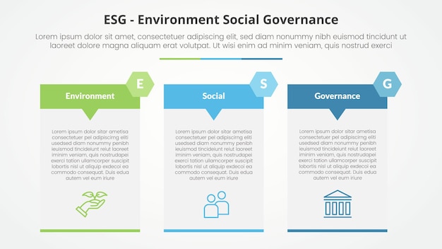 Free Vector esg frameworks infographic concept for slide presentation with big table arrow header badge with 3 point list with flat style