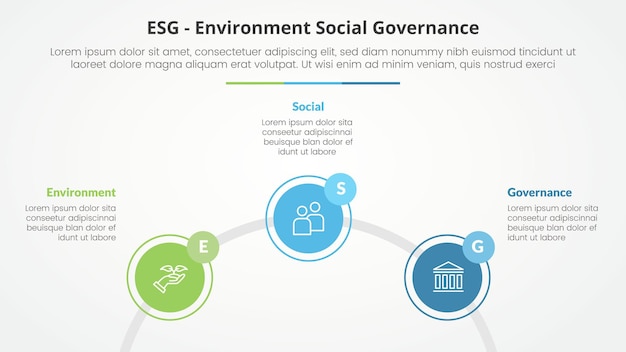 Free Vector esg frameworks infographic concept for slide presentation with circle outline linked circular on half circle with 3 point list with flat style