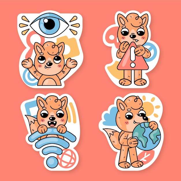 Free Vector essentials stickers collection with fred the fox