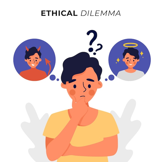 Ethical dilemma wondering person with angel and demon