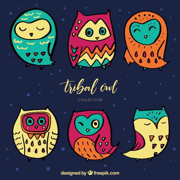 Free vector ethnic owl collection of six