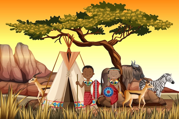 Free Vector ethnic people of african tribes in traditional clothing in nature background