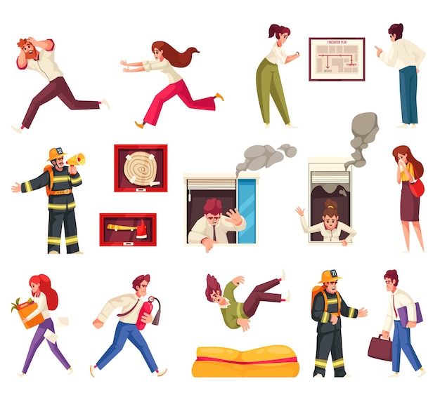 Free Vector evacuation cartoon icons set with people escaping fire alarm isolated vector illustration