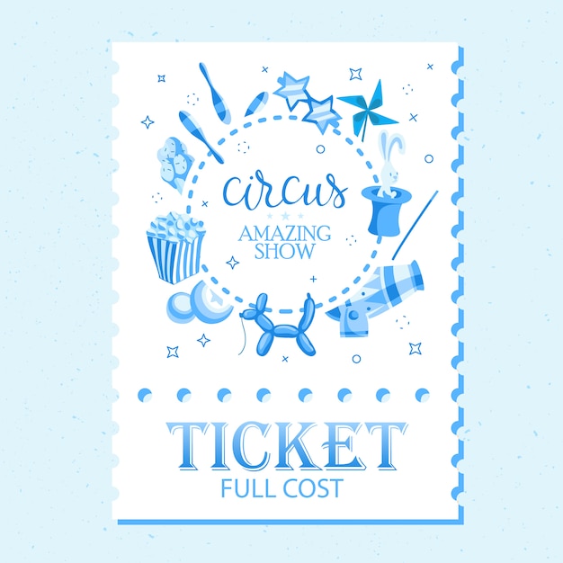 Event tickets for magic show in cartoon style with circus tent flags and editable text