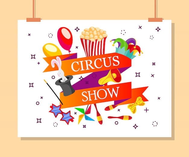 Event tickets for magic show in cartoon style with circus tent flags 