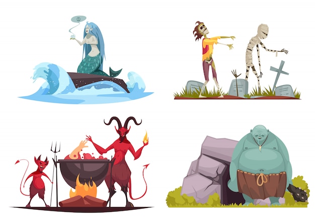 Evil character concept 4 cartoon compositions with wicked sea witch tricking mermaid haunted cemetery isolated 