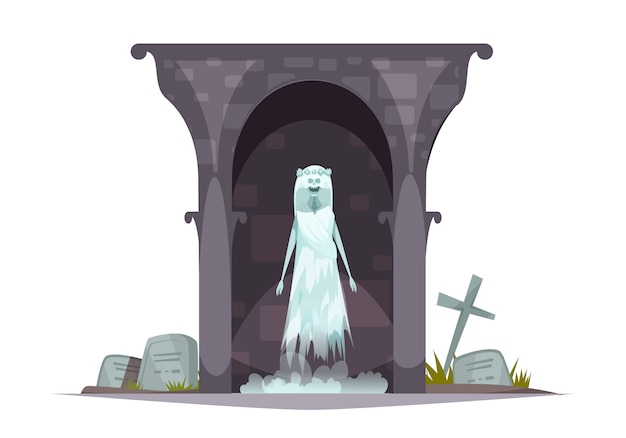 Free Vector evil graveyard specter cartoon character composition with scary ghost appearance in grim haunted cemetery tomb 