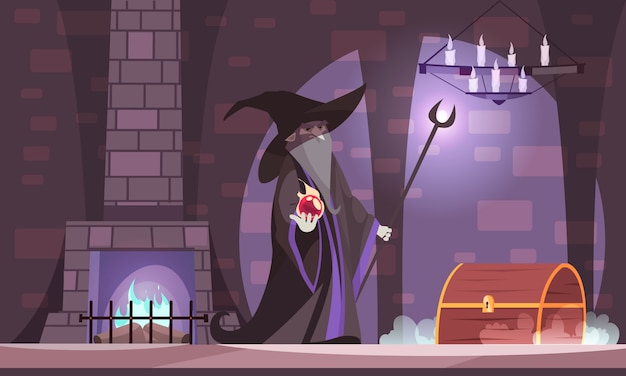 Free Vector evil magician in wicked witch hat with power ball treasure chest in dark castle chamber cartoon 